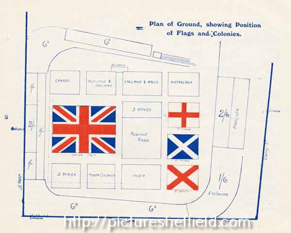 Sheffield Schools Empire Day Pageant, Bramall Lane - plan of ground showing position of flags and colonies