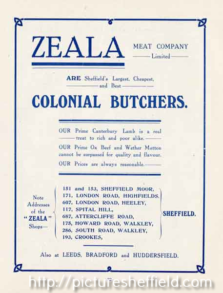 Advertisement for Zeala Meat Company Ltd., Sheffield's largest, cheapest and best colonial butchers