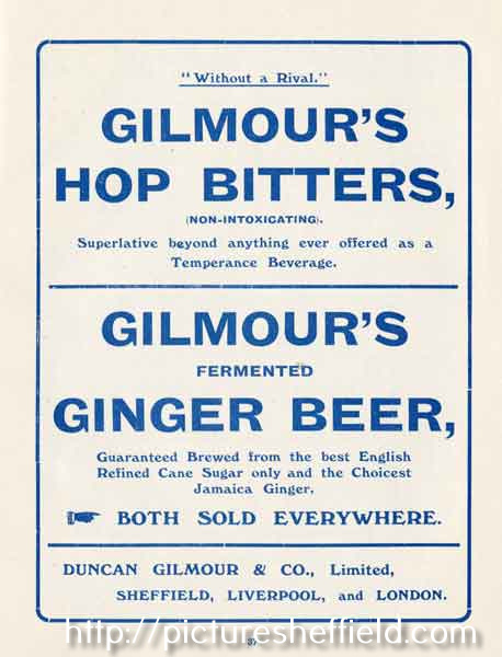 Advertisement for Gilmour's Hop Bitters (temperance beverage) and ginger beer