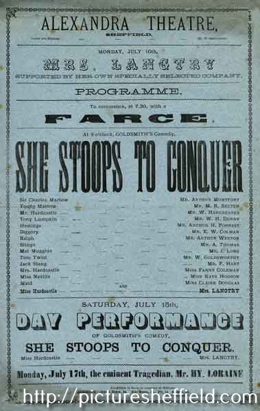 Alexandra Theatre, Sheffield: playbill for Mrs Langtry in She Stoops to Conquer, [1876]