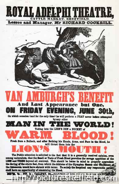 Royal Adelphi Theatre, Cattle Market, Sheffield, playbill for Van Amburgh's benefit, c. 1860s