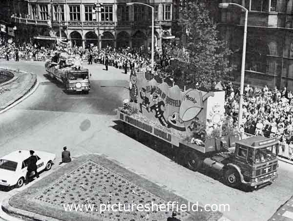 The Sheffield and Rotherham Constabulary's 'Crime Prevention' float and the Road Safety Councils float 'Chitty Chitty Bang Bang' entered in the Sheffield Lord Mayor's Parade, 7th June,1969. 