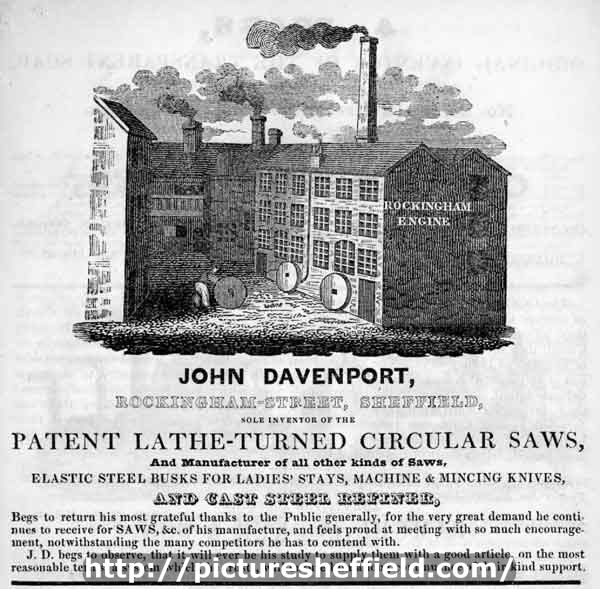 Advertisement for John Davenport, Rockingham Street, 'sole inventor of the patent lathe-turned circular saws'