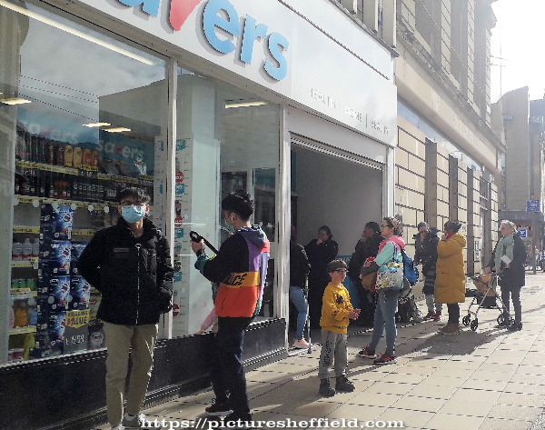 Covid-19 pandemic: queueing outside Savers on Haymarket during shortages of hand sanitizer and other products