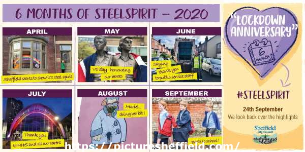 Covid-19 pandemic: Sheffield City Council graphic - 6 months of steel spirit 2020; Lockdown Anniversary #steelspirit