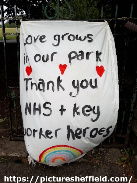 Covid-19 pandemic: Banner in Graves Park: Love grows in our park. Thank you NHS and key worker heroes.