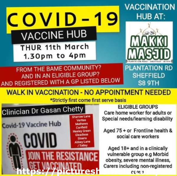Sheffield City Council graphic - vaccination hub at Makki Masjid, Plantation Road