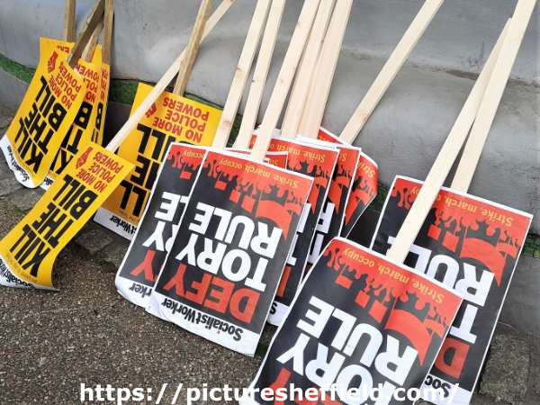 Socialist Worker Party placards for the 'Kill the Bill' protest, Devonshire Green