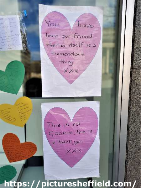 Closure of John Lewis, department store, Barkers Pool - message of support posted on the store entrance