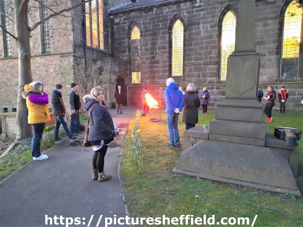 Covid pandemic: socially distanced Easter Day service held out doors, All Saints church, Ecclesall