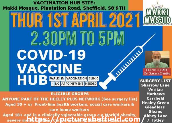 Covid-19 pandemic: Poster advertising Covid 19 vaccine session at the Makki Mosque, Plantation Road on Thursday, 1st April, 2021