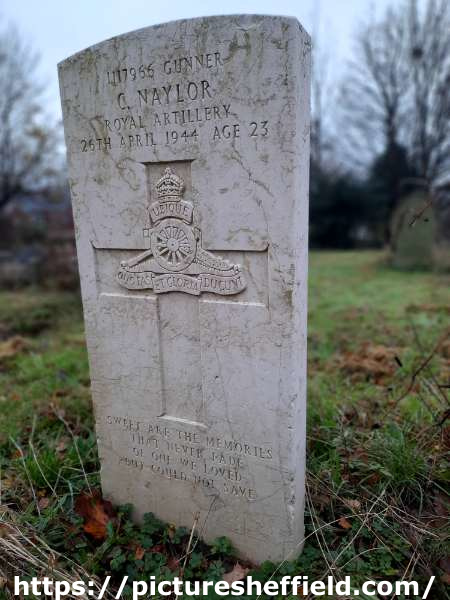 Burngreave Cemetery: gravestone of Gunner 1117966 Clifford Naylor, Royal Artillery, 26 April 1944, aged 23