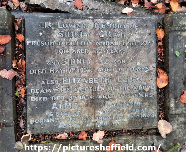Burngreave Cemetery: Memorial to Sidney Crich, presumed killed in France, Sept 27th 1914 aged 32 years