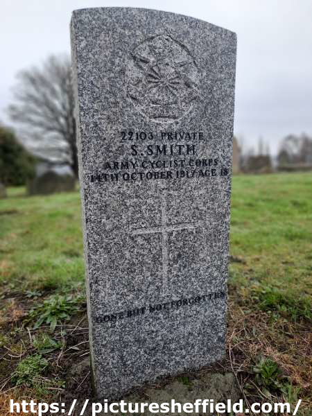 Burngreave Cemetery: gravestone of 22103 Private Sydney Smith, [69th Division, Cyclists Company] Army Cyclists Corps, 14th October 1917, age 18