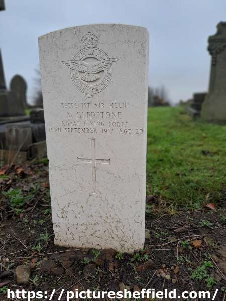 Burngreave Cemetery: gravestone of 36776 1st [Class] Air Mechanic Albert Gledstone, [45th Training Squadron] Royal Flying Corps, 16th September 1917 age 20.