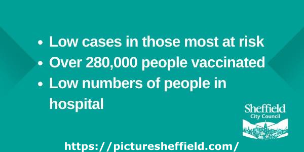 Covid-19 pandemic: Sheffield City Council graphic - Low cases in those most at risk, Over 280,000 people vaccinated, Low numbers in hospital in Sheffield