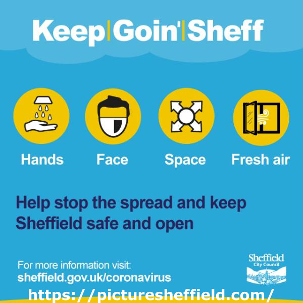 Covid-19 pandemic: Sheffield City Council graphic - hands, face, space, fresh air. Help stop the spread and keep Sheffield safe and open