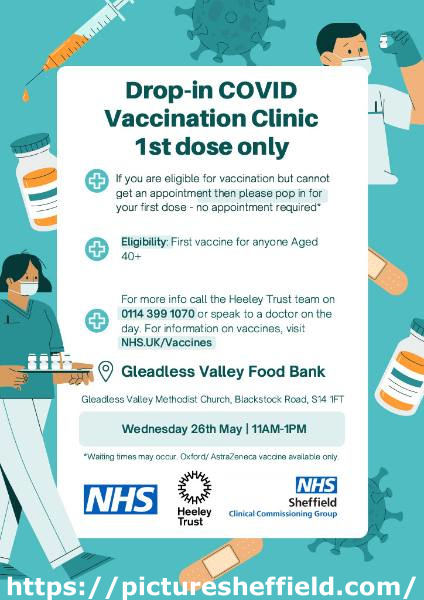 Covid-19 pandemic: Sheffield Clinical Commissioning Group (CCG) graphic - Drop-in Covid vaccination clinic 1st dose only