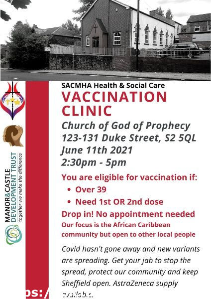 Covid-19 pandemic: SACMHA Health and Social Care poster - Vaccination Clinic, Church of God of prophecy, 123-131 Duke Street