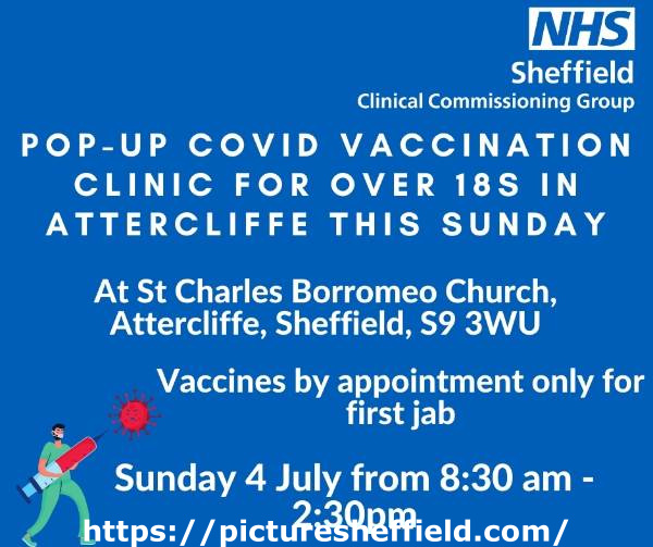 Covid-19 pandemic: Sheffield Clinical Commissioning Group (CCG) graphic - Pop-up vaccination clinic for over 18s in Attercliffe this Sunday