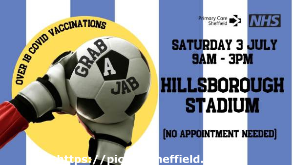 Covid-19 pandemic: Sheffield Primary Care (NHS) graphic - Over 18 Covid Vaccinations at Hillsborough Stadium