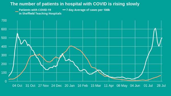 Covid-19 pandemic: Sheffield City Council graphic - The number of patients in hospital with Covid is rising slowly