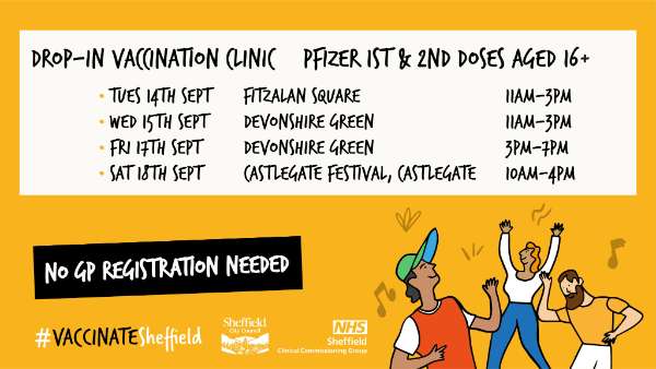 Covid-19 pandemic: Sheffield City Council graphic - Drop-in vaccination clinic, Fitzalan Square, Devonshire Green and at the Castlegate Festival