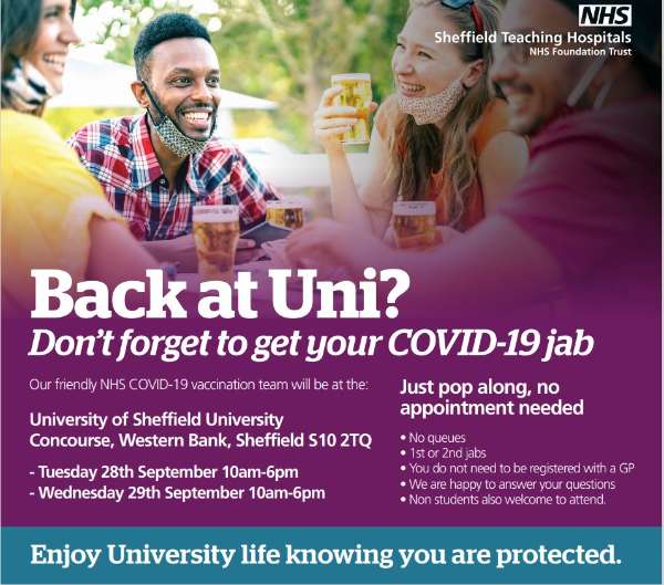 Covid-19 pandemic: Sheffield Teaching Hospitals NHS Foundation Trust graphic - Back at Uni?  Don't forget to get your Covid19 jab