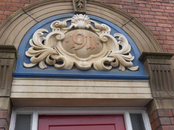 Decorative stonework on Special Quality Alloys Ltd., former Offices of Jonas and Colver Ltd. (built 1911) No. 27 Birch Road