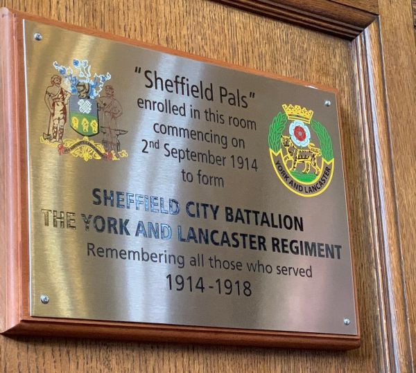 Plaque commemorating the Sheffield City Battalion unveiled in the Council Chamber of Sheffield Town Hall