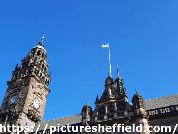 Ukrainian flag flying at Sheffield Town Hall
