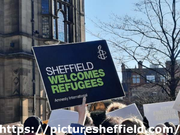 Sheffield welcomes Refugees poster at a demonstration against the Russian invasion of Ukraine 