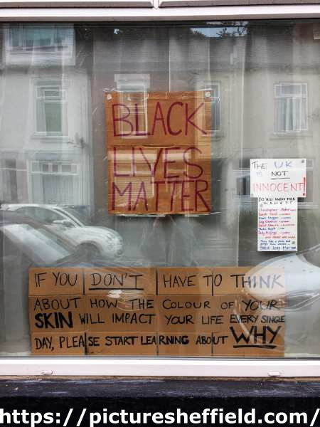 Black Lives Matter - protest material in window, Sheffield