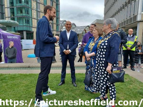 Women's Euros (WEuros) roadshow in the Peace Gardens: Gareth Southgate (England Football team manager) speaking to visitors