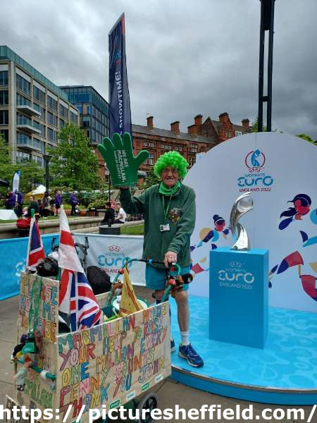 John Burkhill, better known as the 'Man With The Pram' at the Women's Euros (WEuros) roadshow in the Peace Gardens