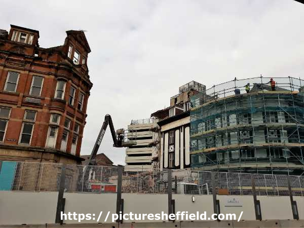 Demolition of Athol Hotel (centre, black and white building), corner of Pinstone Street and Charles Street