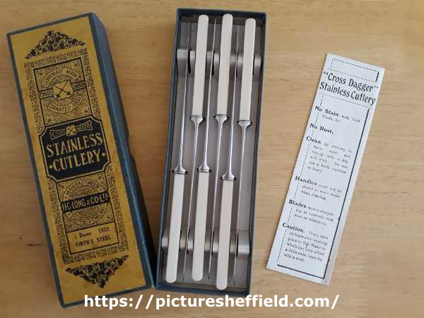 Box of 'Cross Dagger' stainless cutlery, H. G. Long and Co. Ltd.