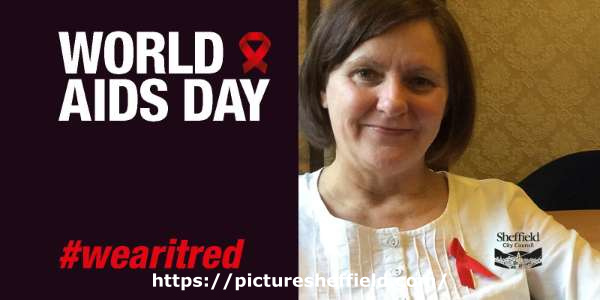 Sheffield City Council Leader, Julie Dore, wearing her red ribbon on World Aids Day 