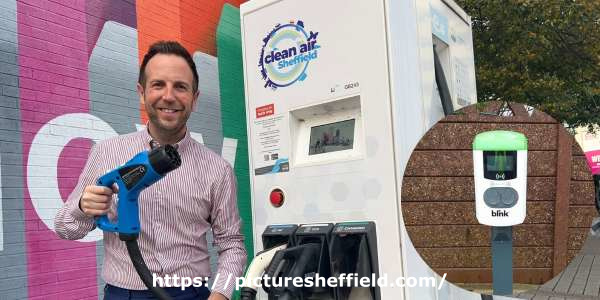 Councillor Ben Miskell, Chair of Sheffield City Council's Transport, Regeneration and Climate Policy Committee, at an electric vehicle charging point