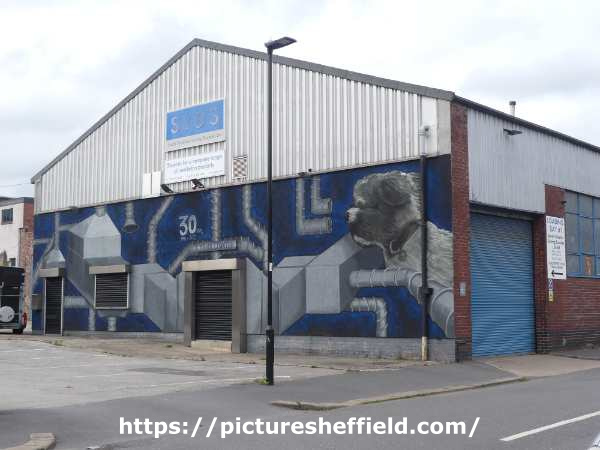 Mural on the building of South Yorkshire Ducting Supplies Ltd., No. 80 Burton Road and junction with Percy Street
