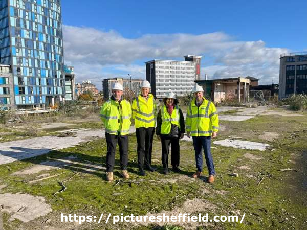 Chris West, Head of Operations at Keltbray, Louise Pavitt, Major Project Director at Keltbray, Lucia Lorente-Arnau, Principal Development Officer and Councillor Ben Miskell, on the site of Sheffield Castle