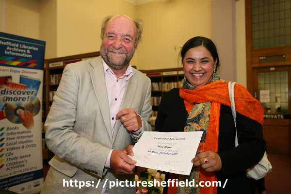 Rony Robinson, BBC Radio Sheffield presenter with the prizewinner Hina Ahjum at the awards event, 6 Book Challenge reading project 2009, Central Lending Library, Central Library, Surrey Street