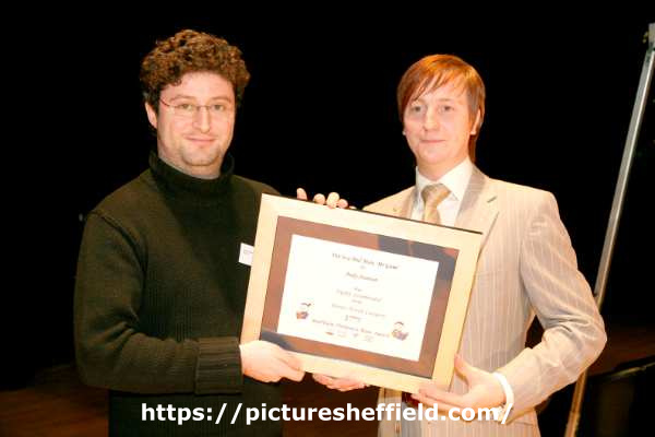 Andy Stanton, children's author and (right) Andrew Stansall, librarian at the Sheffield Children's Book Award