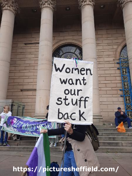Supporter of Posie Parker (a gender-critical and anti–transgender rights activist) at a ‘Let Women Speak’ rally, Barkers Pool