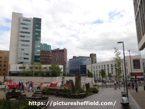Cambridge Street pedestrianised area looking towards Pinstone Street and The Moor showing (top left) Homes for Students Redvers Tower (formerly Redvers House, offices) and (bottom right) H and M, fashion store, No. 1 The Moor