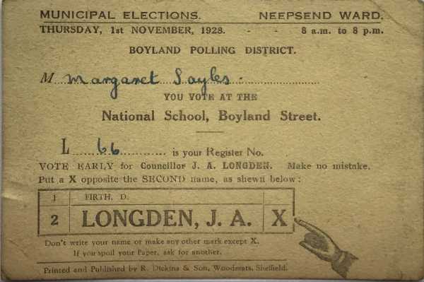 Electioneering 'polling card' for Margaret Sayles, Neepsend Ward, Municipal Elections - vote for J. A. Longden