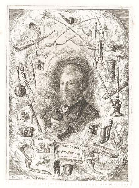 Engraving depicting William Bragge (1823-1884) with pipe in hand, surrounded by pipes and smoking apparatus captioned ‘Tobaccologia William Bragge F.S.A.' Master Cutler, 1870