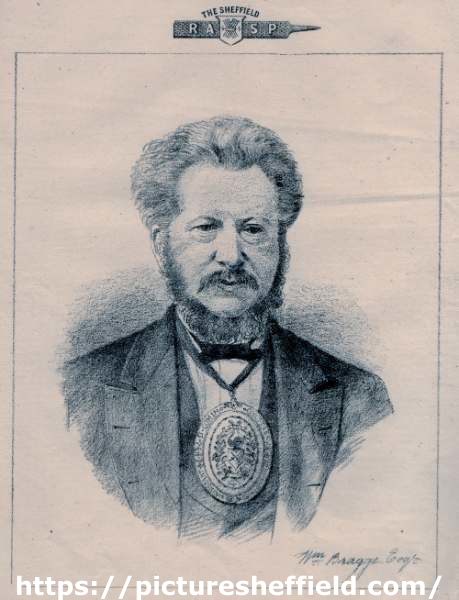 Illustration of William Bragge (1823-1884), pictured wearing the badge of the Master Cutler (1870) 