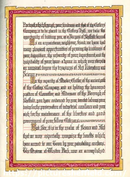 Illuminated address presented to William Bragge (1823-1884) by the Cutlers Company, paying tribute to him for his services to Sheffield