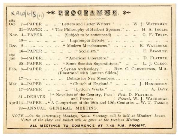 Lynwood Literary Club programme card, 1889 - 1890
